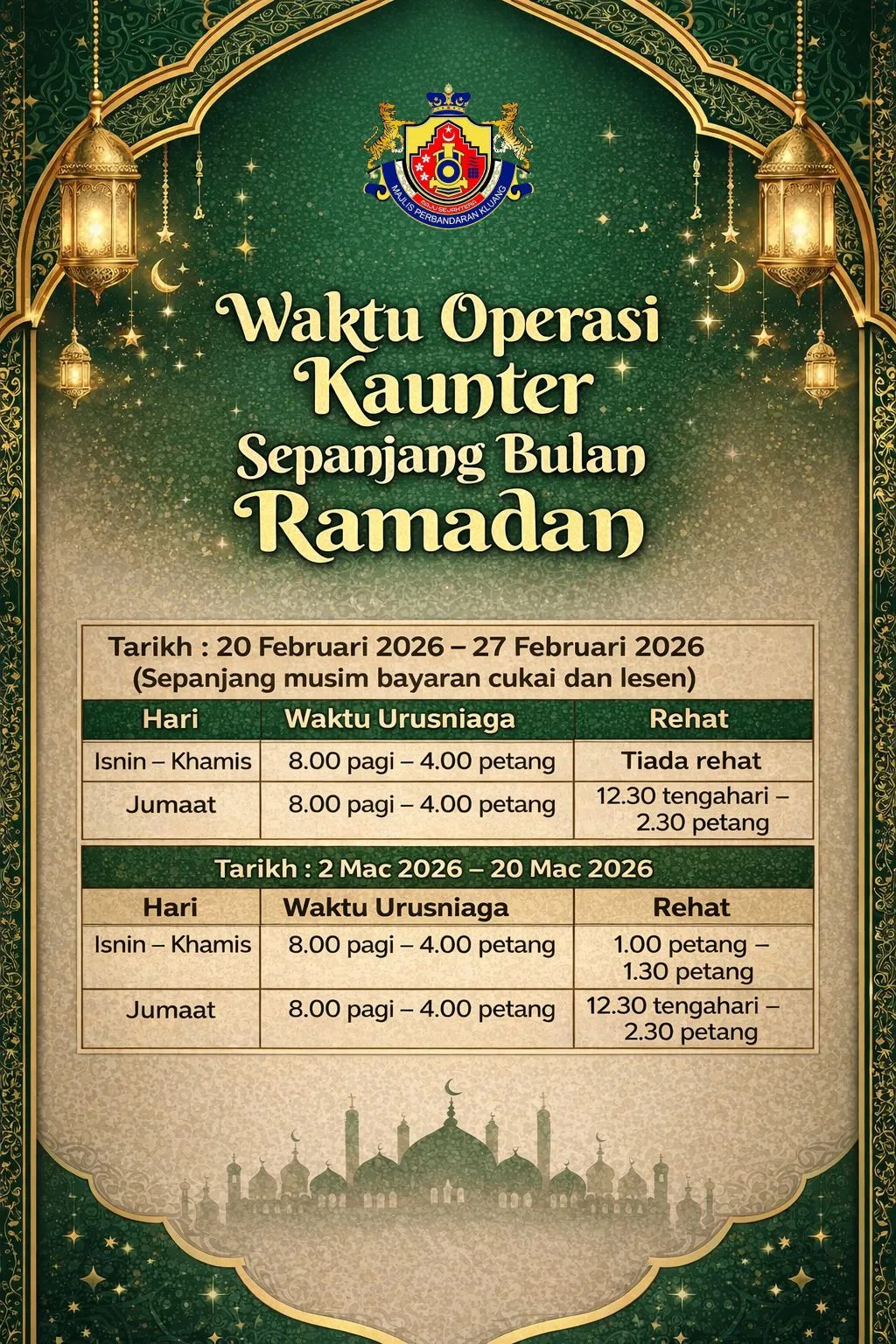 Waktu Operasi Kaunter Sepanjang Bulan Ramadan