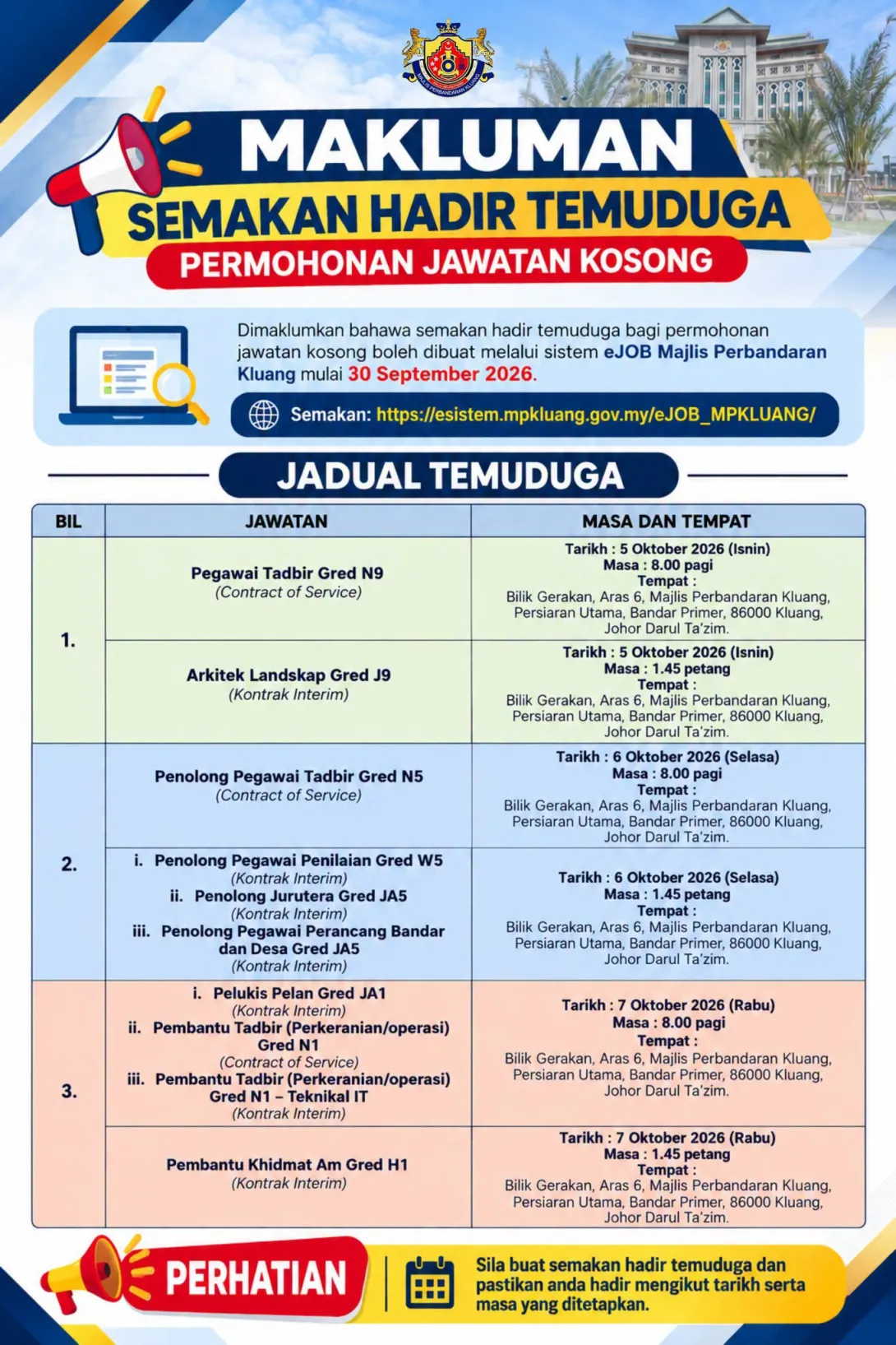 Makluman Semakan Hadir Temuduga - Permohonan Jawatan Kosong MPK